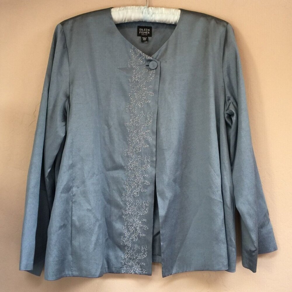 Eileen Fisher Embroidered Silk Cross-Dye Dupion Jacket Blazer Size PM Shale Blue
